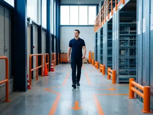 Jonge professional loopt zelfverzekerd door moderne magazijngang in Eindhoven met oranje vloermarkeringen en hoge stellingen