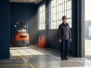Jonge professional in werkkleding staat bij ingang van moderne magazijn met oranje heftruck en industriële ramen op achtergrond.
