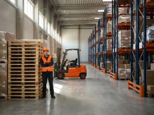 Magazijnmedewerker in oranje veiligheidsvest naast gestapelde pallets, moderne warehouse met industriële stellingen en heftruck in daglicht.