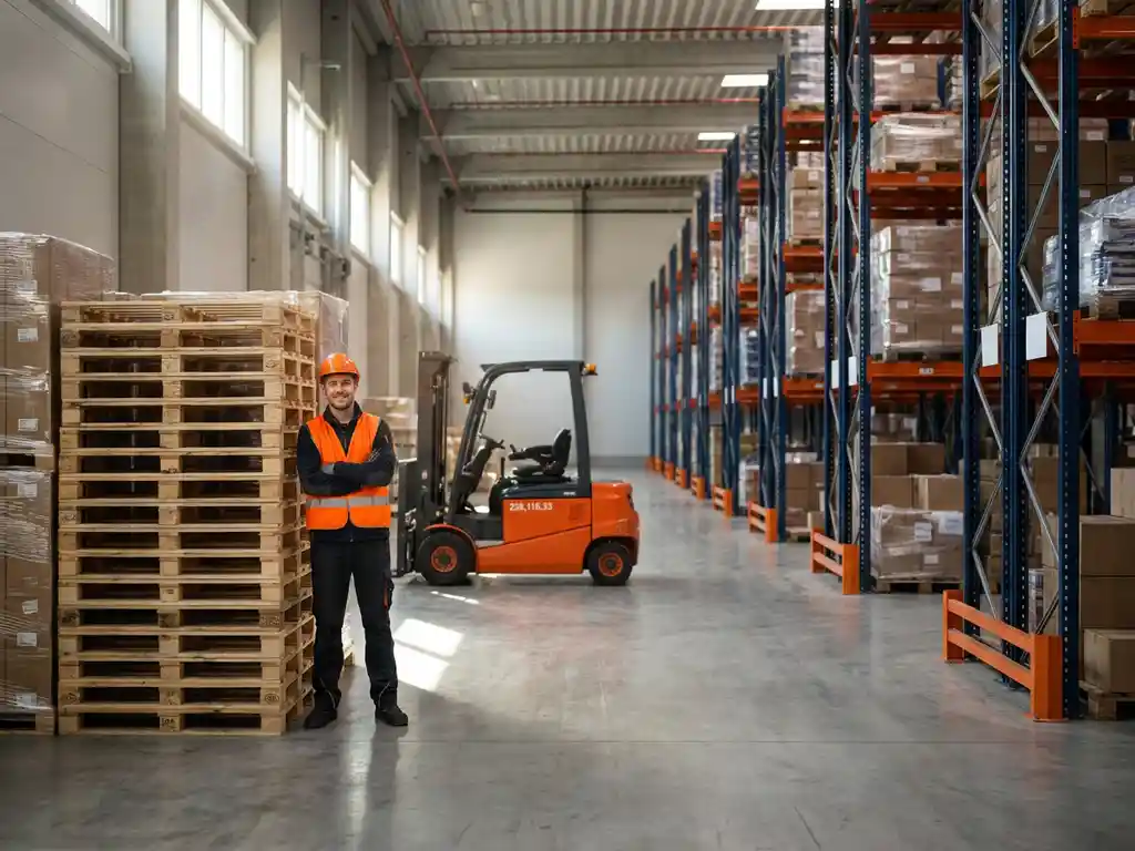Magazijnmedewerker in oranje veiligheidsvest naast gestapelde pallets, moderne warehouse met industriële stellingen en heftruck in daglicht.
