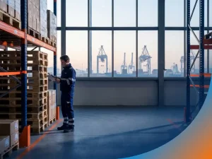 Magazijnmedewerker in marineblauw uniform controleert klembord naast gestapelde pallets, havenkranen van Rotterdam zichtbaar door industriële ramen