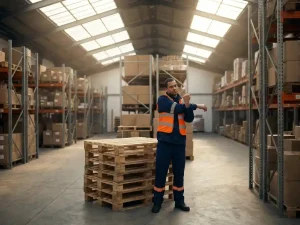 Magazijnmedewerker in donkerblauw uniform strekt schouders naast gestapelde pallets, natuurlijk licht door dakramen, oranje veiligheidsvest.