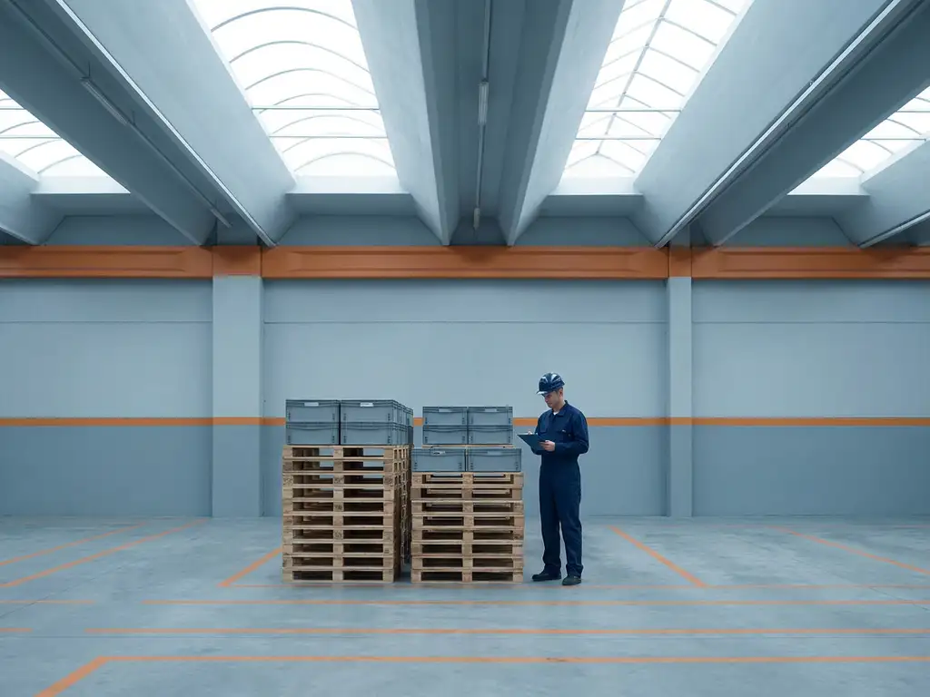 Magazijnmedewerker in donkerblauw uniform controleert klembord naast gestapelde pallets in lichte industriële ruimte
