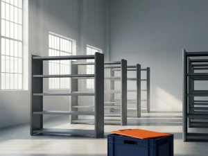 Oranje klembord op marineblauw krat in minimalistisch magazijn met strakke stellingen en natuurlijk daglicht door industriële ramen.