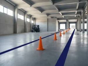 Betonnen magazijnvloer met navyblauwe belijning en oranje veiligheidspiloenen die naar laaddokken leiden, heftruck op achtergrond