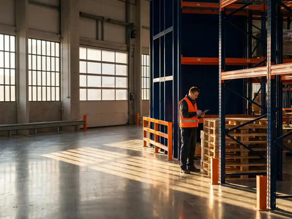 Magazijnmedewerker in oranje veiligheidsvest controleert klembord bij gestapelde pallets in vroeg ochtendlicht