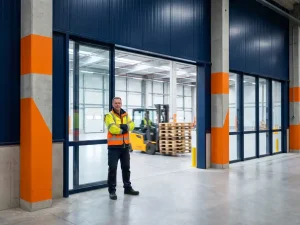 Magazijnmedewerker in hesje bij ingang van moderne logistieke faciliteit in Eindhoven, met heftruck en pallets op achtergrond.