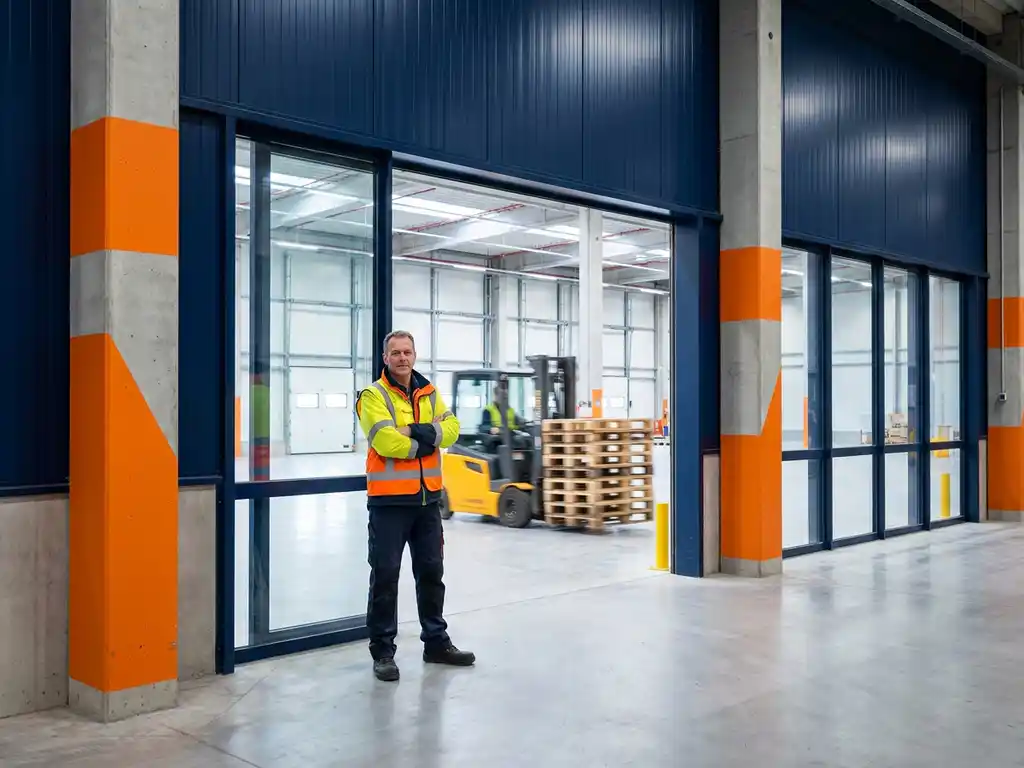 Magazijnmedewerker in hesje bij ingang van moderne logistieke faciliteit in Eindhoven, met heftruck en pallets op achtergrond.