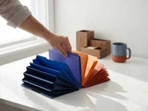 Hand selecteert kleurrijke applicatiemappen in blauw en oranje op wit bureau met natuurlijk licht
