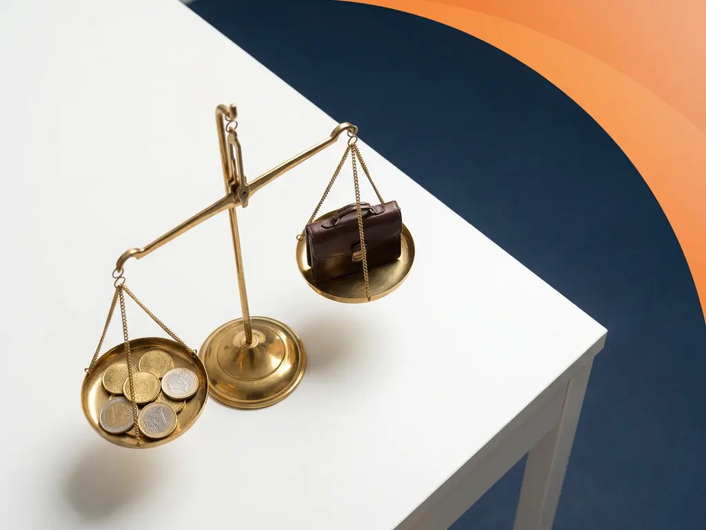 Koperen weegschaal balanceert euromunten tegen miniatuur aktetas op wit bureau, marineblauw met oranje accenten.