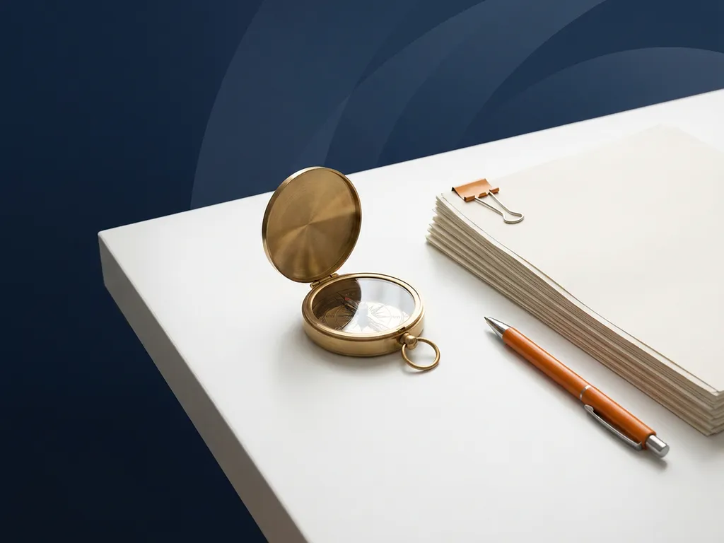 Messing kompas op wit bureau naast gestapelde documenten en oranje pen, minimalistisch plat gelegd met marineblauw accent.