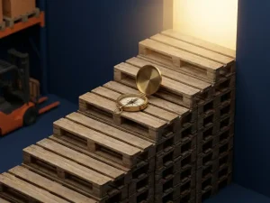 Messing kompas op opstapelende houten pallets in magazijn met oranje heftruck details en gouden licht
