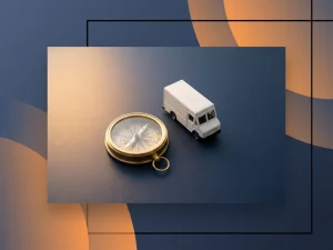 Koperen kompas naast miniatuur witte bestelwagen op marineblauw bureau, zachte blauwe en oranje gradiëntvormen op achtergrond