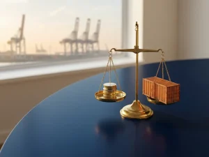 Koperen weegschaal balanceert gestapelde euromunten tegen miniatuur oranje zeecontainer op marineblauw bureau, Rotterdamse havenkranen op achtergrond.