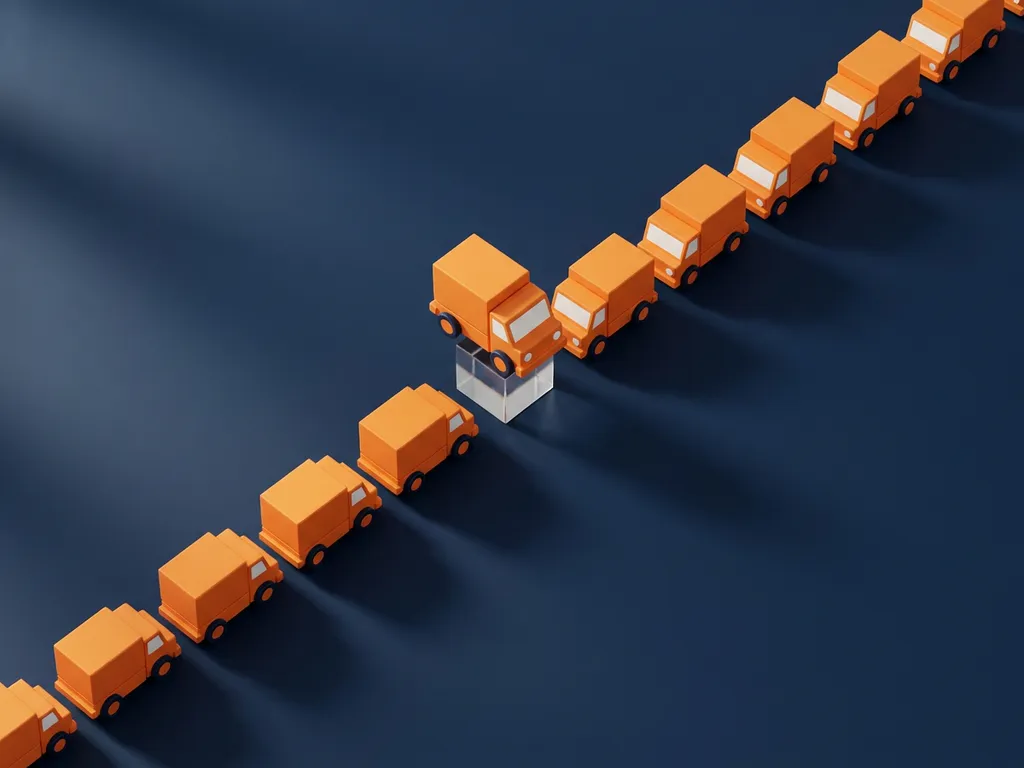 Rij miniatuur oranje bezorgwagens in gebogen formatie op donkerblauw oppervlak, één truck licht verheven, zachte schaduwen.