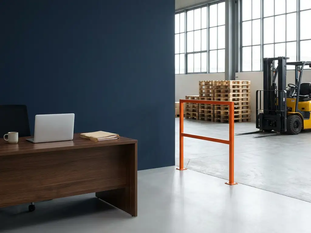 Moderne kantoorwerkplek met laptop naast magazijnvloer met pallets en heftruck in open industriële ruimte met daglicht