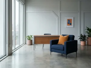 Marineblauw stoel met oranje kussen voor leeg bureau in minimalistische interviewruimte met betonvloer en grote ramen