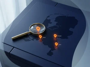 Kaart van Nederland met oranje locatiepinnen op Rotterdam, Breda, Nijmegen en Venlo, messing vergrootglas over één pin, bovenaanzicht op donkerblauw bureau.