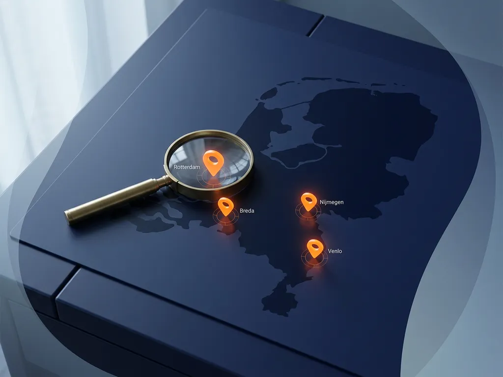 Kaart van Nederland met oranje locatiepinnen op Rotterdam, Breda, Nijmegen en Venlo, messing vergrootglas over één pin, bovenaanzicht op donkerblauw bureau.