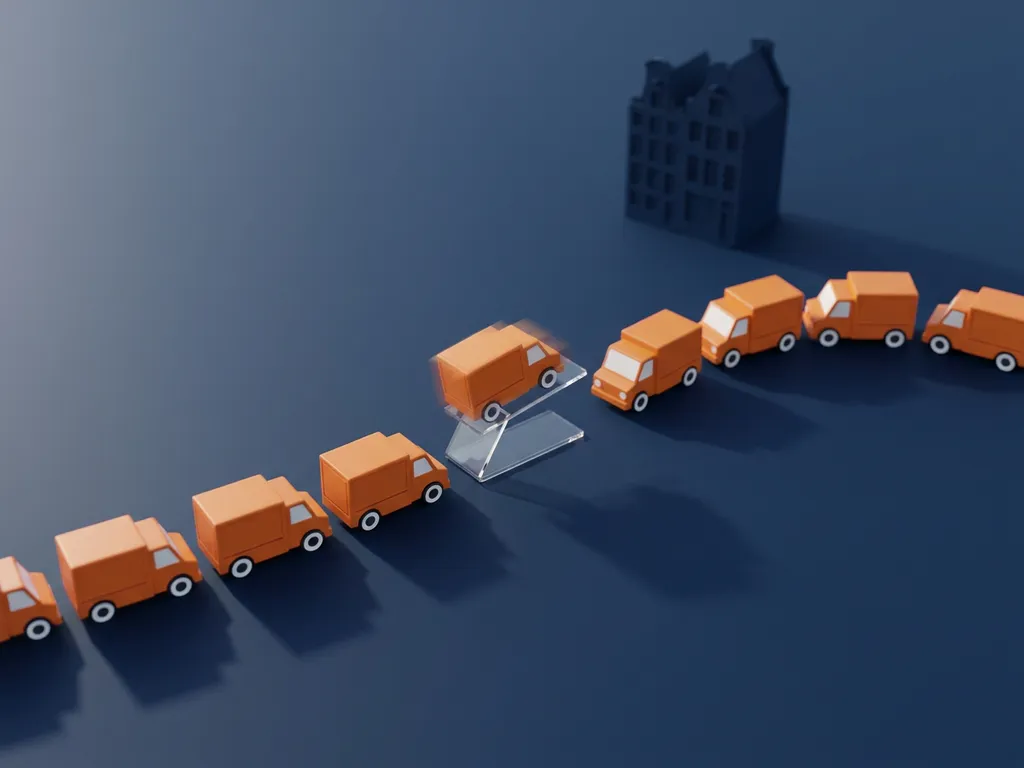 Miniatuur oranje bezorgwagens in gebogen formatie op donkerblauw oppervlak, één truck verhoogd richting Amsterdams grachtenpand silhouet.