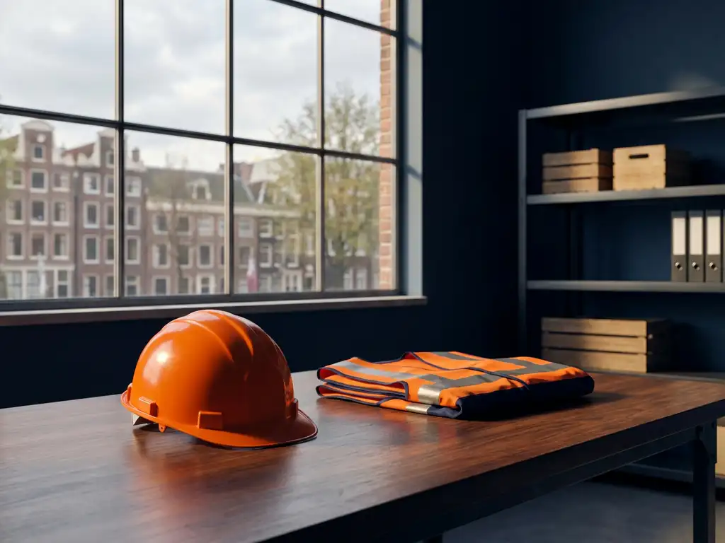 Oranje veiligheidshelm en werkvest op bureau in magazijn met Amsterdamse grachtenpanden zichtbaar door industrieel raam