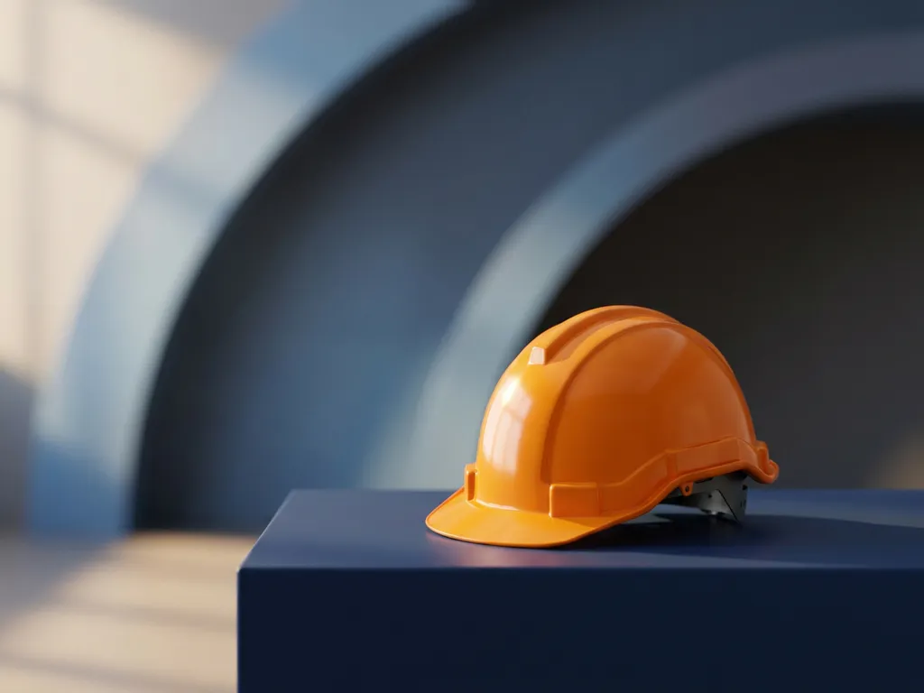 Oranje veiligheidshelm op donkerblauw oppervlak met zachte schaduwen en moderne industriële achtergrond