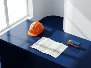 Oranje veiligheidshelm op donkerblauw bureau naast gevouwen wegenkaart en miniatuur vrachtwagen in minimalistisch kantoor