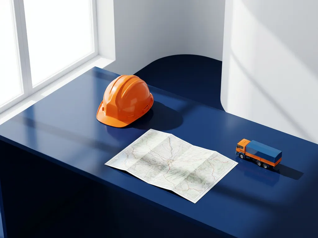 Oranje veiligheidshelm op donkerblauw bureau naast gevouwen wegenkaart en miniatuur vrachtwagen in minimalistisch kantoor