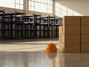 Oranje veiligheidshelm op gepolijste magazijnvloer naast gestapelde kartonnen dozen, industriële stellingen op de achtergrond.