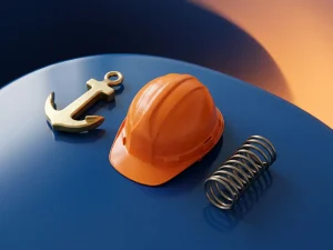 Oranje veiligheidshelm naast messing ankergewicht en opgerolde veer op donkerblauw oppervlak, minimalistische compositie
