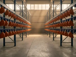 Rijen oranje veiligheidshelmen aan donkerblauwe haken in een industrieel magazijn met stalen stellingen en natuurlijk licht.