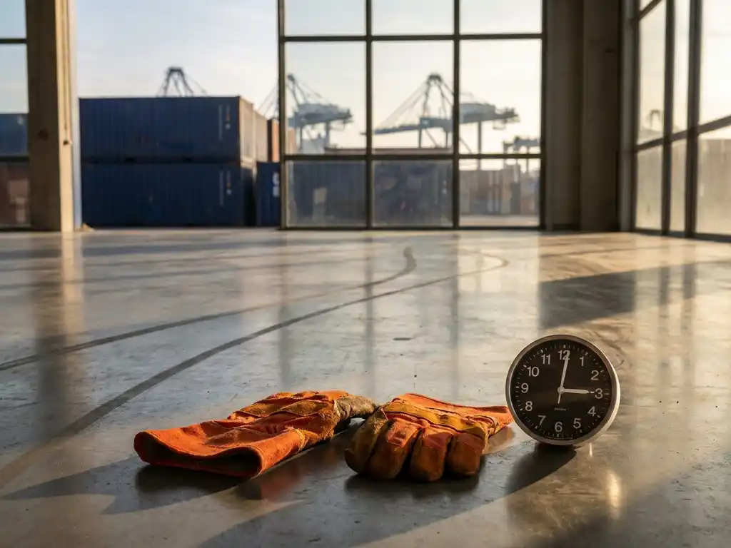 Oranje werkhandschoenen naast een klok op een magazijnvloer, met scheepscontainers en Rotterdamse havenkranen op de achtergrond.