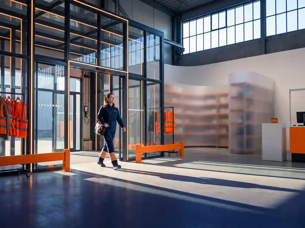 Jonge professional in marineblauw uniform loopt zelfverzekerd door moderne magazijningang met oranje accenten en ochtendzonlicht.