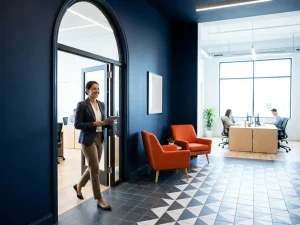 Professionele medewerker stapt door open deuropening naar moderne logistieke kantoorruimte met donkerblauwe wanden en oranje accentmeubels