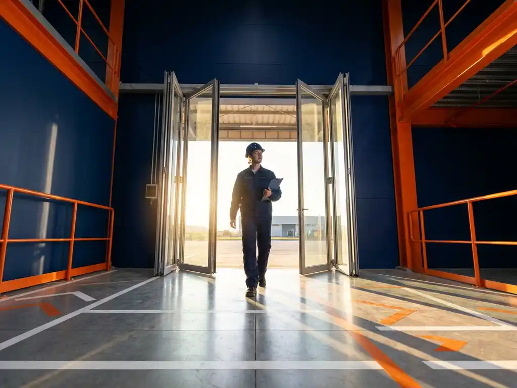 Jonge professional stapt vol vertrouwen door de deuren van een modern magazijn, ochtendlicht achter haar, marineblauw met oranje accenten