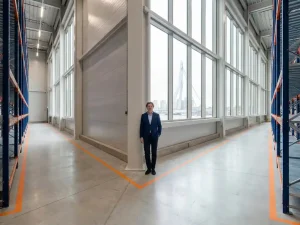Professional in marineblauwe blazer op kruispunt van magazijngangen, Erasmusbrug zichtbaar door industriële ramen, oranje veiligheidsmarkeringen op vloer.