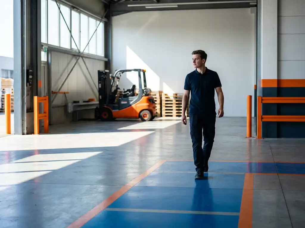 Jonge professional loopt zelfverzekerd door moderne magazijningang met oranje heftruck op de achtergrond