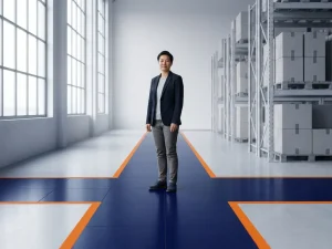 Professionele vrouw staat bij kruispunt van oranje richtlijnen op donkerblauwe vloer in modern logistiek centrum met natuurlijk licht
