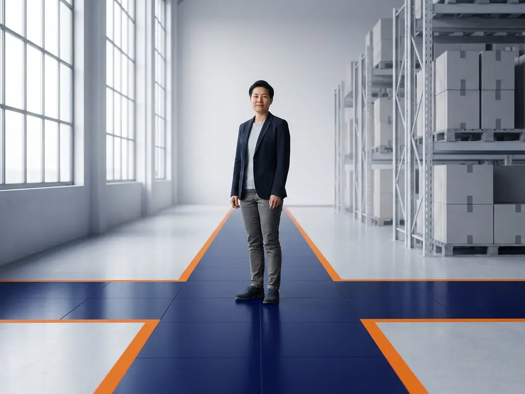 Professionele vrouw staat bij kruispunt van oranje richtlijnen op donkerblauwe vloer in modern logistiek centrum met natuurlijk licht