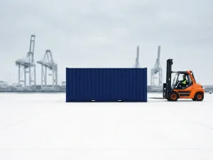 Donkerblauwe zeecontainer op witte kade met oranje heftruck, Rotterdamse havenkranen op de achtergrond.