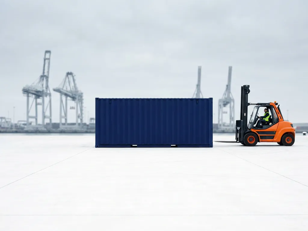 Donkerblauwe zeecontainer op witte kade met oranje heftruck, Rotterdamse havenkranen op de achtergrond.