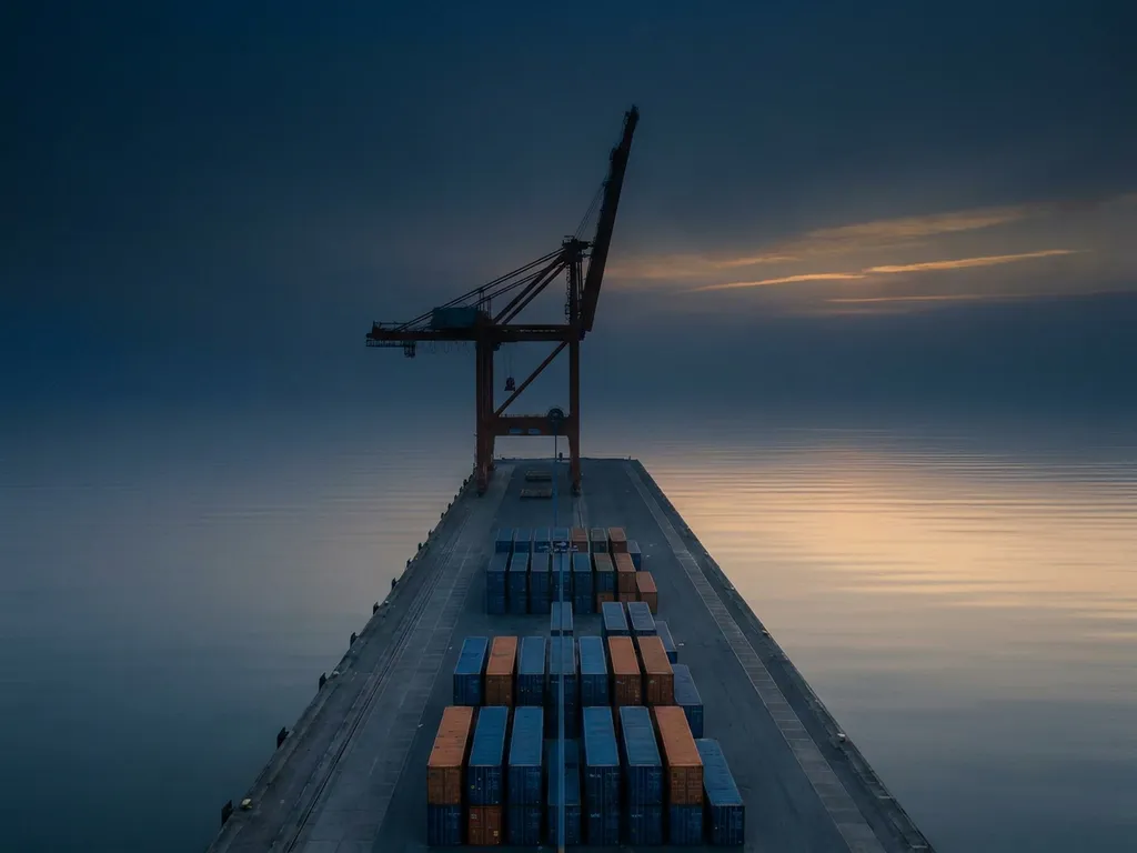 Oranje havenkraan silhouet tegen donkerblauwe lucht bij dageraad in Rotterdam, gestapelde containers en gouden lichtreflecties op kalm water
