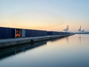 Rij donkerblauwe zeecontainers langs de Rotterdamse haven, open containerdeur onthult oranje vorkheftruck, industriële kranen op achtergrond.