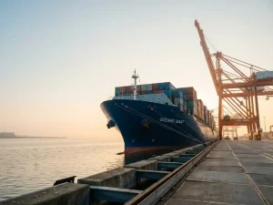 Groot containerschip met donkerblauwe romp in de haven van Rotterdam, oranje industriële kraan op de achtergrond, kalm havenwater in ochtendlicht.