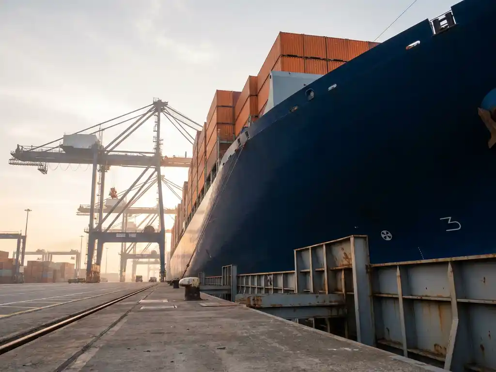 Vrachtcontainerschip met oranje containers afgemeerd in de haven van Rotterdam, havenkranen tegen ochtendhemel.