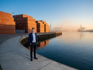 Jonge professional in marineblauw colbert bij Rotterdamse haven, oranje zeecontainers in ochtendlicht, Maas op achtergrond.