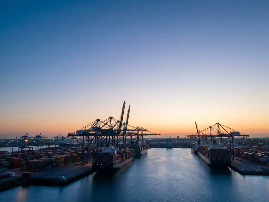 Containerkranen silhouetten tegen dageraadhemel bij Rotterdamse haven, gestapelde containers en vrachtschepen in kalm water.