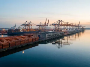 Containerkranen en oranje zeecontainers weerspiegeld in kalm havenwater van Rotterdam bij ochtendlicht
