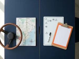 Minimalistisch bureau met stuurwiel, wegenkaart en planningsbord met routemarkeringen op donkerblauw oppervlak, oranje klembord als accent.