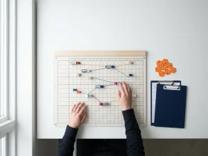 Handen van transportplanner boven planningsbord met miniatuurvrachtwagens in routes, donkerblauw klembord naast oranje routemarkeringen op wit bureau.